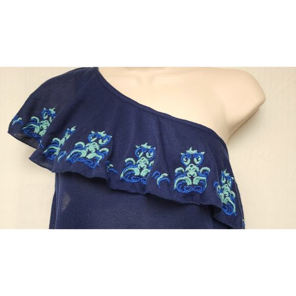 Red Camel One Shoulder Navy Blue Floral Ruffle Sleeveless Blouse Top Size XL - Picture 5 of 8